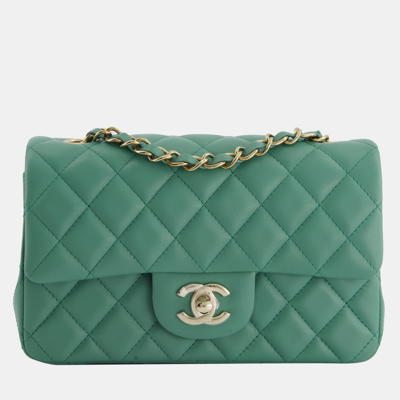 Pre-owned Chanel Green Mini Rectangular Bag In Lambskin Leather With Champagne Gold Hardware