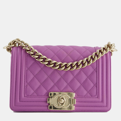 Pre-owned Chanel Purple Small Boy Bag In Lambskin Leather With Champagne Gold Hardware