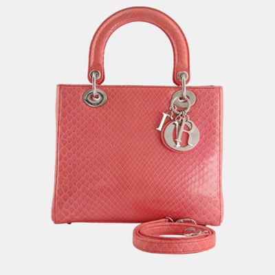 Pre-owned Dior Christian  Medium Coral Python Lady  Bag With Silver Hardware In Orange