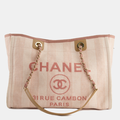 Pre-owned Chanel Small Pink Stripe Canvas Deauville Tote Bag With Logo Print And Champagne Gold Hardware