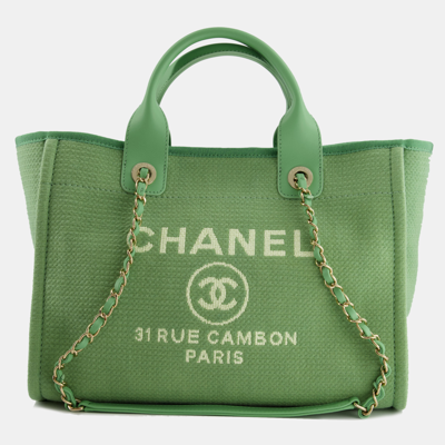 Pre-owned Chanel Pistachio Green Canvas Small Deauville Tote Bag With Champagne Gold Hardware