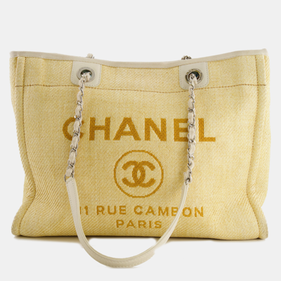 Pre-owned Chanel Yellow Raffia Small Deauville Tote Bag With Silver Hardware