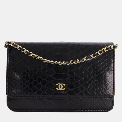 Pre-owned Chanel Black Python Wallet On Chain Bag With Brushed Gold Hardware