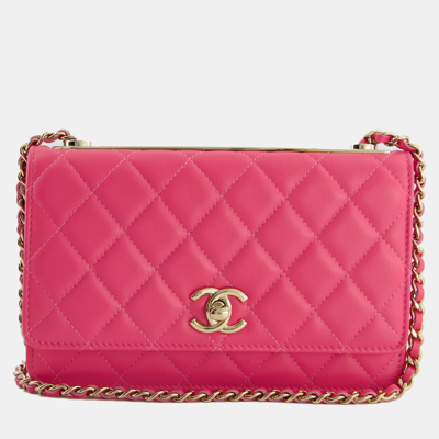 Pre-owned Chanel Hot Pink Quilted Trendy Wallet On Chain Bag In Lambskin Leather With Champagne Gold Hardware