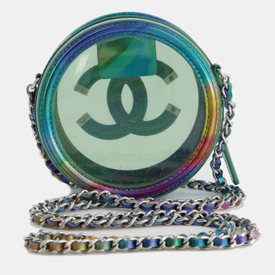 Pre-owned Chanel Rainbow Green Filigree Pvc Cc Mini Round Crossbody Bag With Silver Hardware In Multicolor