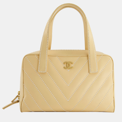 Pre-owned Chanel Pastel Yellow Bowling Bag In Calfskin Leather With Brushed Gold Hardware
