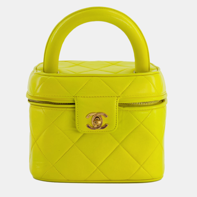 Pre-owned Chanel Yellow Vintage Top Handle Vanity Bag In Lambskin Leather With 24k Gold Hardware