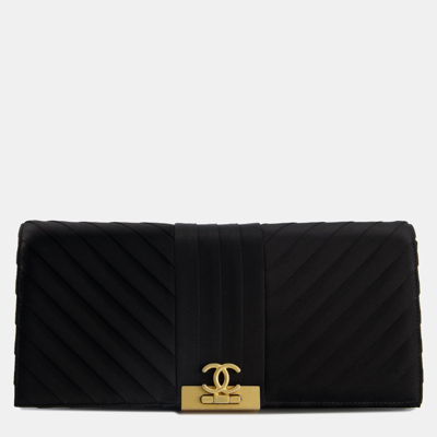 Pre-owned Chanel Black Satin Long-line Clutch Bag With Brushed Gold Hardware And Cc Detail