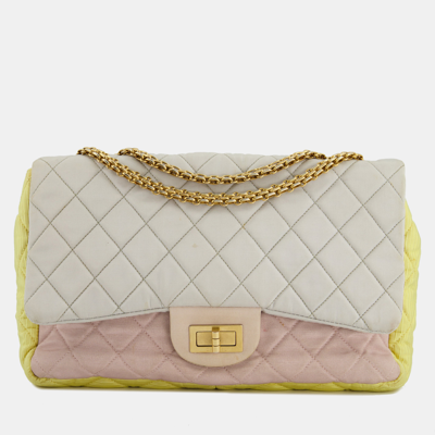 Pre-owned Chanel Large Jersey Reissue Pastel Yellow Grey And Pink With Antique Gold Hardware In Multicolor