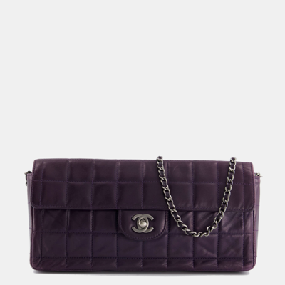 Pre-owned Chanel Vintage Dark Purple Quilted Chocolate Bar Flap Bag In Lambskin With Ruthenium Hardware