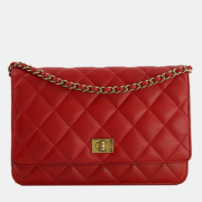 Pre-owned Chanel Red 2.55 Wallet On Chain In Lambskin Leather With Champagne Gold Hardware