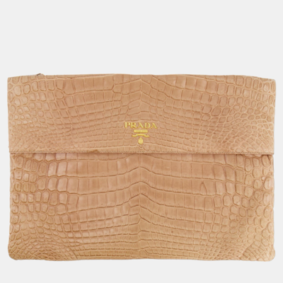 Pre-owned Prada Beige Crocodile Large Pouch Bag With Gold Hardware