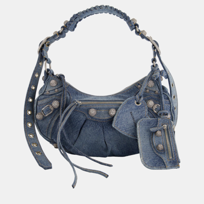 Pre-owned Balenciaga Le Cagole Denim Shoulder Bag With Silver Crystal Stud Embellishment In Blue
