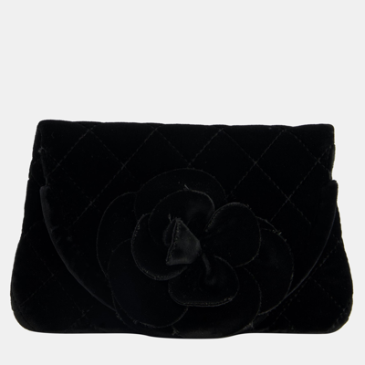 Pre-owned Chanel Black Velvet Diamond Clutch Bag With Camellia Detailing