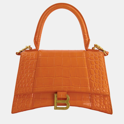 Pre-owned Balenciaga Orange Small Hourglass Bag In Croc Embossed Calf Leather With Gold Hardware