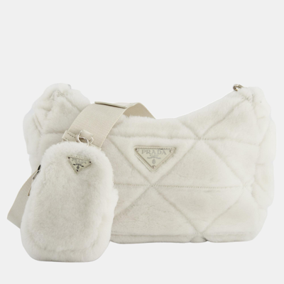Pre-owned Prada Off-white Re-edition 2000 Quilted Shearling Shoulder Bag With Silver Hardware
