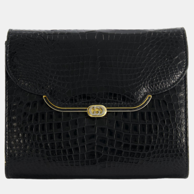 Pre-owned Gucci Vintage Black Crocodile Leather Gg Clutch Bag