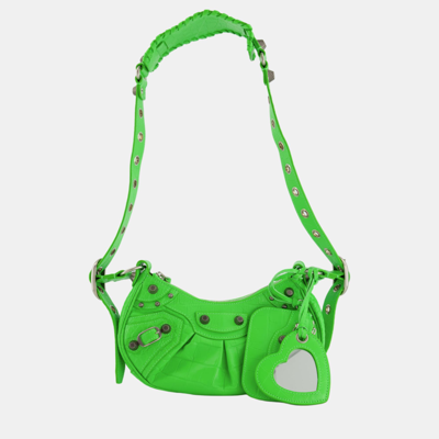 Pre-owned Balenciaga Le Cagole Xs Shoulder Bag In Croc Embossed Calfskin Leather And Silver Hardware In Green