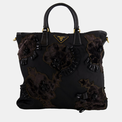 Pre-owned Prada Black Nylon Tote Bag With Gold Hardware Velvet And Crystal Embroideries