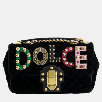 Pre-owned Dolce & Gabbana Black Velvet Lucia Bag With Embellishments And Gold Hardware