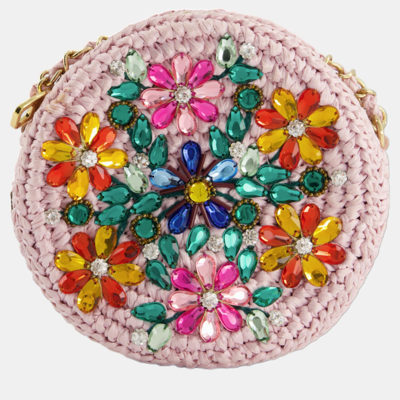Pre-owned Dolce & Gabbana Pink Woven Round Crossbody Bag With Multicolour Crystal Flower Details With Gold Hardware