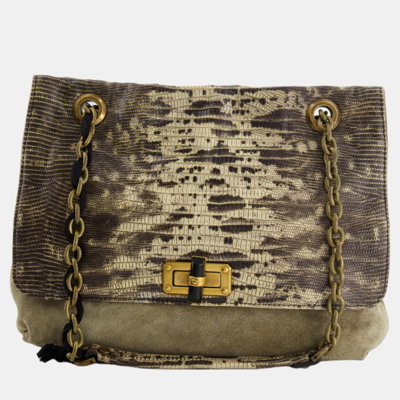 Pre-owned Lanvin Beige Snakeskin Embossed Shoulder Bag With Gold Hardware