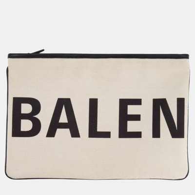 Pre-owned Balenciaga Cream And Black Logo Pochette Bag In Canvas With Silver Hardware