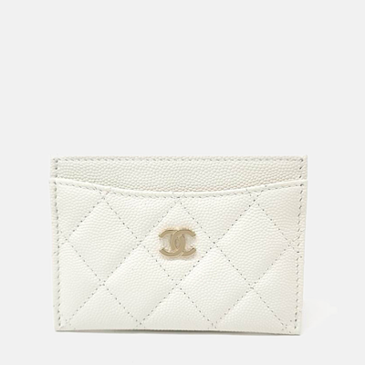 Pre-owned Chanel Caviar Card Wallet In White