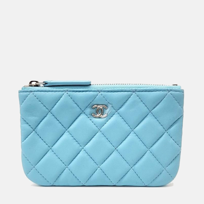 Pre-owned Chanel Lamb Skin Mini Pouch Bag In Blue