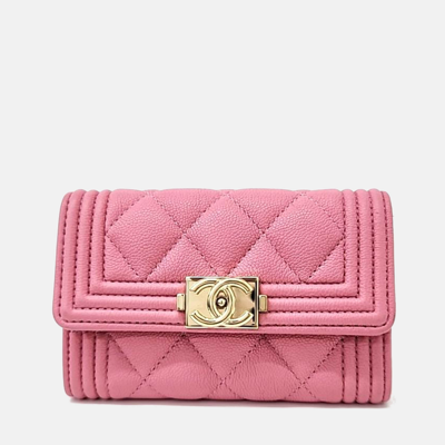 Pre-owned Chanel Caviar Boy Card Wallet In Pink