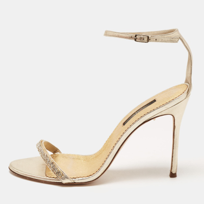 Pre-owned Ch Carolina Herrera Gold Leather And Crystal Embellished Ankle Strap Sandals Size 39