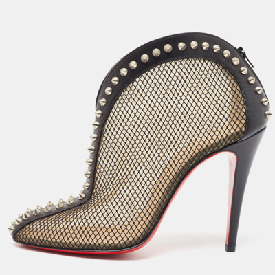 Pre-owned Christian Louboutin Black Mesh And Leather Bourriche Ankle Booties Size 38.5