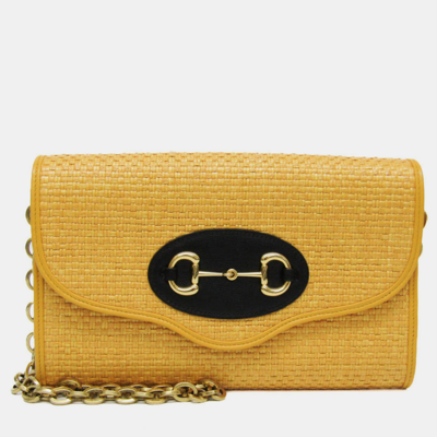 Pre-owned Gucci Yellow Raffia Small Horsebit 1955 Curved Flap Shoulder Bag