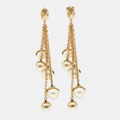 Pre-owned Dior Faux Pearl & Gold Tone Multi Chain Drop Earrings