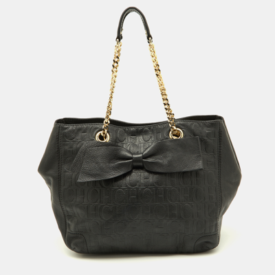 Pre-owned Ch Carolina Herrera Black Embossed Leather Bow Shoulder Bag