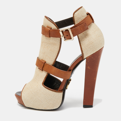 Pre-owned Roberto Cavalli Beige/brown Raffia And Leather Double Strap Peep Toe Booties Size 38