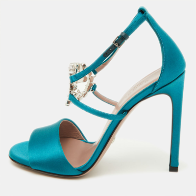 Pre-owned Gucci Teal Satin Crystal Embellished Interlocking G Ankle Strap Sandals Size 36 In Green
