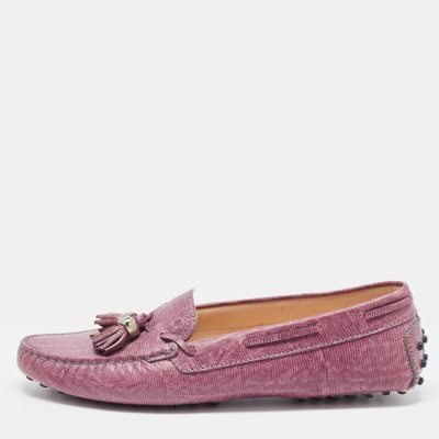 Pre-owned Tod's Purple Lizard Embossed Leather Penny Bow Loafers Size 39