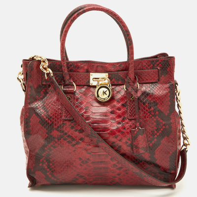 Pre-owned Michael Kors Red/black Python Embossed Leather Large Hamilton North South Tote