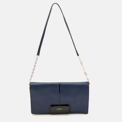 Pre-owned Furla Blue/black Leather Flap Chain Shoulder Bag