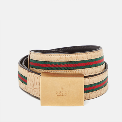 Pre-owned Gucci Beige Leather Web Buckle Belt 80cm