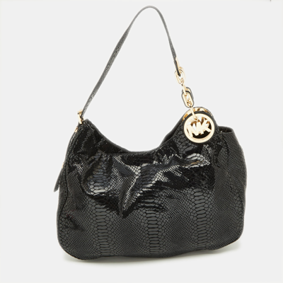 Pre-owned Michael Michael Kors Black Snakeskin Embossed Leather Fulton Slouchy Hobo