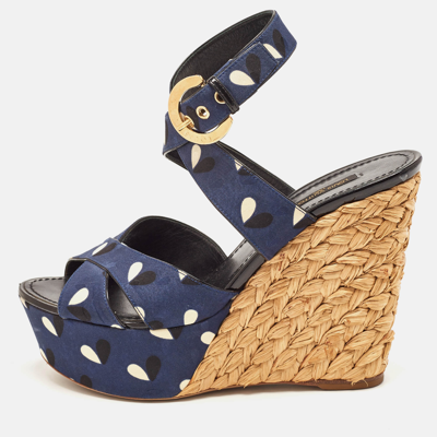 Pre-owned Louis Vuitton Navy Blue Printed Fabric Espadrille Wedge Ankle Wrap Sandals Size 38