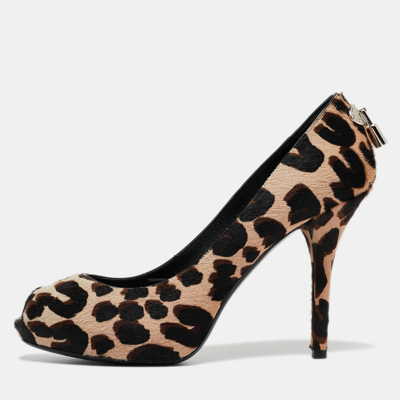 Pre-owned Louis Vuitton Tricolor Leopard Print Calf Hair Oh Really! Peep Toe Pumps Size 38 In Beige