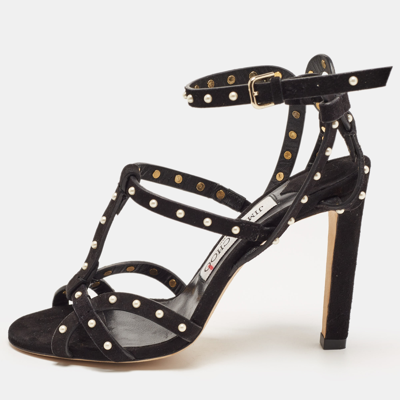 Pre-owned Jimmy Choo Black Suede Faux Pearl Studded Beverly Ankle Strap Sandals Size 35