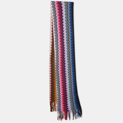 Pre-owned Missoni Multicolor Zig Zag Knit Cotton Knit Fringed Scarf