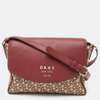 Pre-owned Dkny Burgundy/beige Signature Canvas And Leather Noho Shoulder Bag