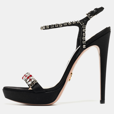 Pre-owned Prada Black Satin Crystal Embellished Ankle Strap Sandals Size 37