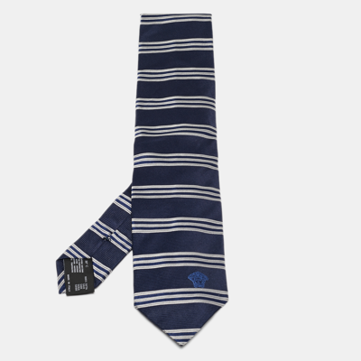 Pre-owned Versace Navy Blue Striped Silk Tie
