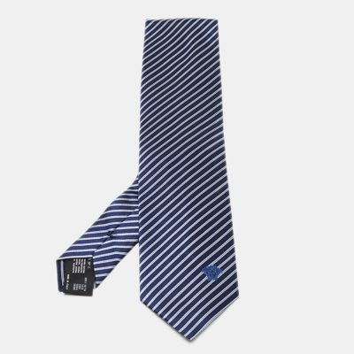 Pre-owned Versace Dark Blue Contrast Diagonal Striped Silk Tie